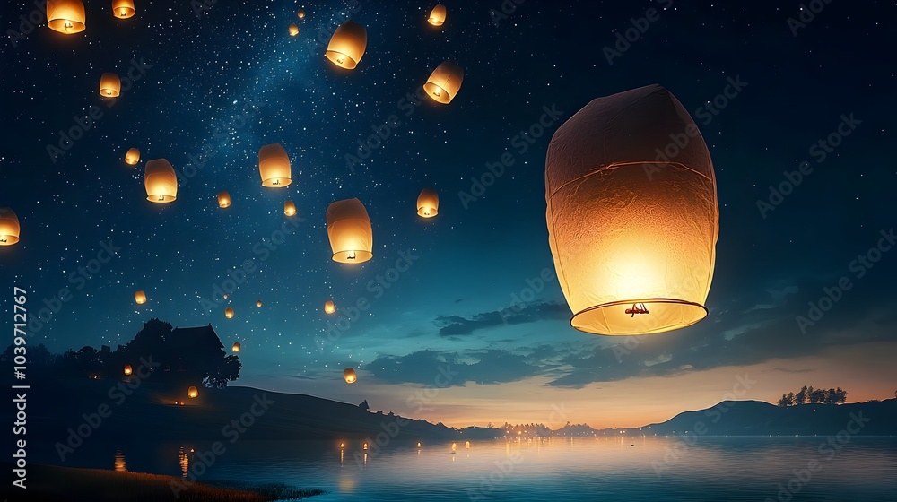 Poster Ethereal glow mesh trails highlighting floating lanterns gently drifting and ascending into the serene night sky creating a captivating and magical atmosphere perfect for tranquil contemplation
