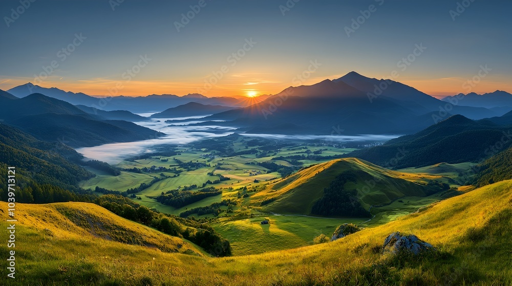 Poster ethereal glowing mesh clouds hover gracefully over a serene misty valley at the enchanting moment of