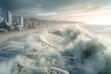 Obraz premium Destructive oceanic tsunami, high-rise buildings background. Natural water disaster. AI generated.