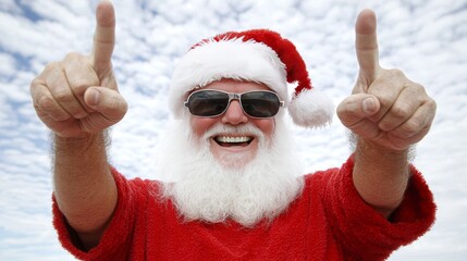 Obraz premium Happy Santa Claus Wearing Sunglasses and Pointing Upwards
