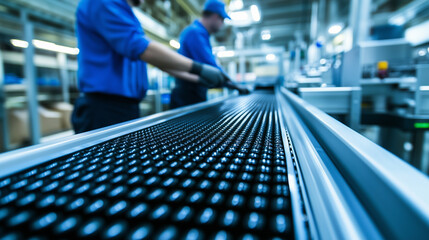 Fototapeta premium Close-up of two engineers examining a conveyor belt system in an industrial plant, the machinery running smoothly as they inspect for quality control and performance.