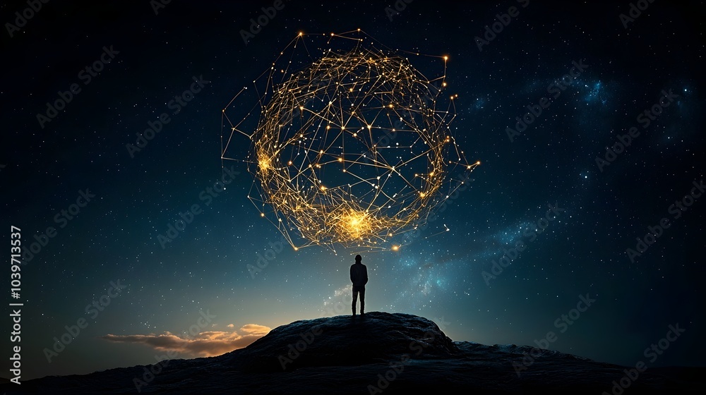 Poster Ethereal mesh patterns representing the intricate constellations of the night sky hover above a serene spiritual gathering creating a captivating interplay of light energy and mystical connection