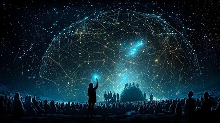 Ethereal mesh patterns representing cosmic constellations hovering above a serene spiritual gathering or ceremony in a tranquil minimalist landscape