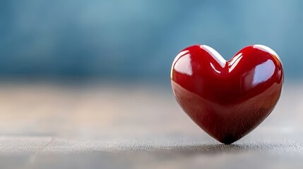 Fototapeta premium A red heart-shaped object sits atop a wooden table against a blue and white backdrop with a softly blurred background
