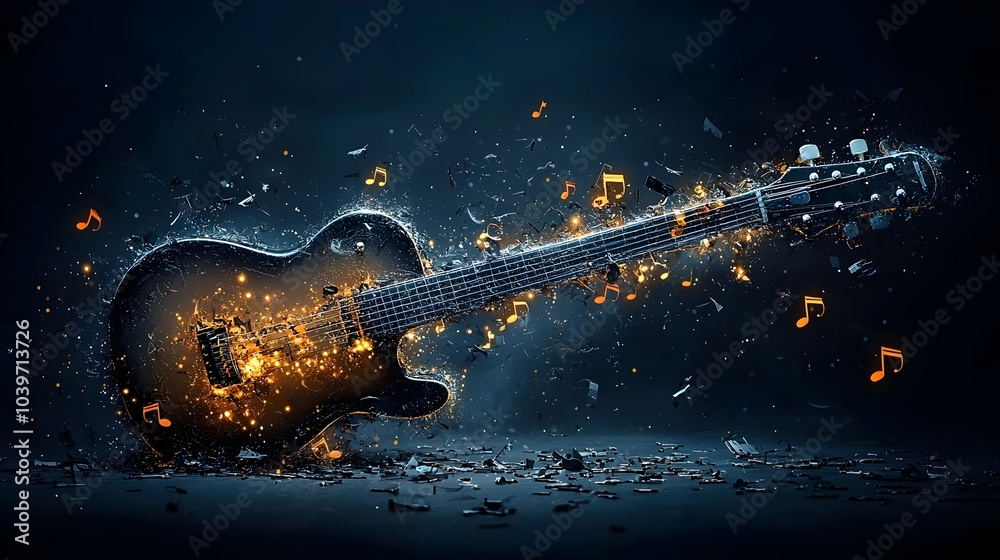 Aufkleber Flowing glowing mesh of musical notes emanating from a luminous guitar creating a dynamic and captivating abstract digital art pattern