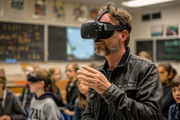 A teacher wearing virtual reality goggles interacts with students in a classroom filled with eager learners. The students observe closely, fascinated by the innovative technology being demonstrated