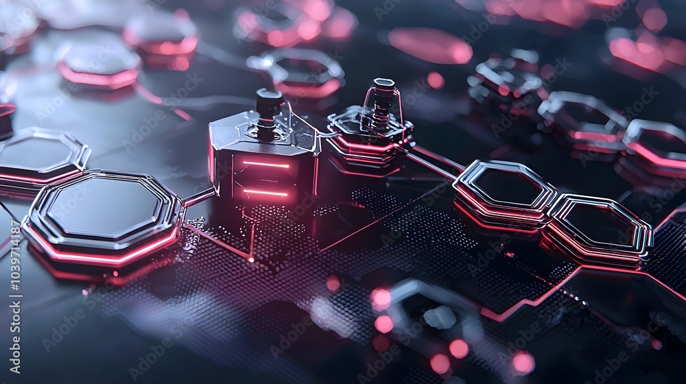 Poster futuristic and modern abstract background with a glowing interconnected mesh of hexagon shapes in a 
