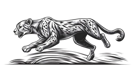 Obraz premium Elegant minimalist sketch of a cheetah mid-sprint, its body stretched in motion, drawn with soft, flowing lines on a clean white background, capturing speed and agility, hd quality, smooth strokes,