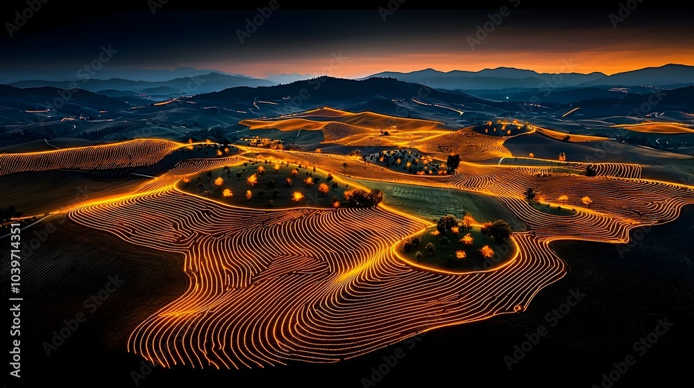 Poster futuristic digital landscape with glowing mesh outlines of geometrically planted crops in a rural fa