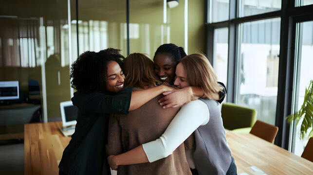 diverse group of female colleagues embraces in a group hug in a modern office, fostering teamwork, unity, and support.