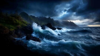 Obraz premium Dramatic waves crashing on a rocky coastline under a stormy sky.