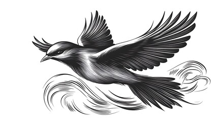 Obraz premium Elegant minimalist sketch of a bird with wings outstretched in flight, drawn on a clean white background, smooth and flowing linework capturing its serene motion, hd quality, gentle lines,