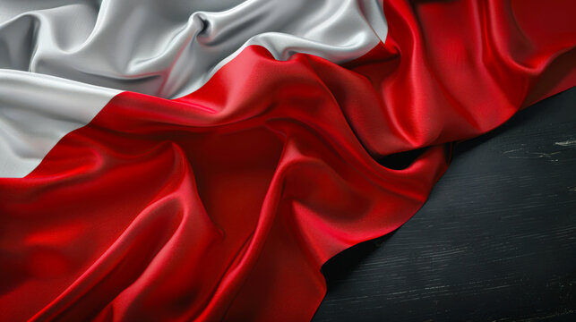 Wavy white-red Polish flag, close-up. The flag of Poland lies on a black wooden table, top view. Learning the Polish language. Travel and tourism. Patriotism and pride. Immigration