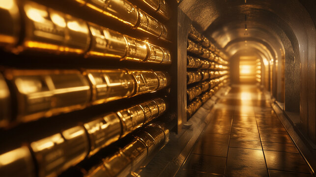Gold's historical role as a reliable inflation hedge is illustrated by vaults filled with gold reserves, showcasing its enduring value in times of economic uncertainty and serving as a safe haven for 