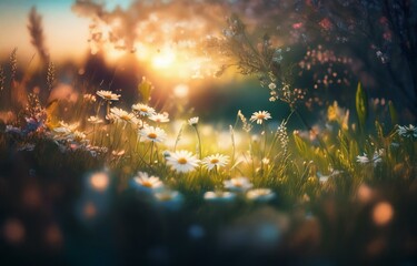 Fototapeta premium Sunlight shines through a field of wildflowers, highlighting the delicate beauty of white blossoms.