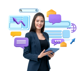 A woman in a business suit holds a tablet, surrounded by digital communication icons, including chat bubbles and emails, on a white background