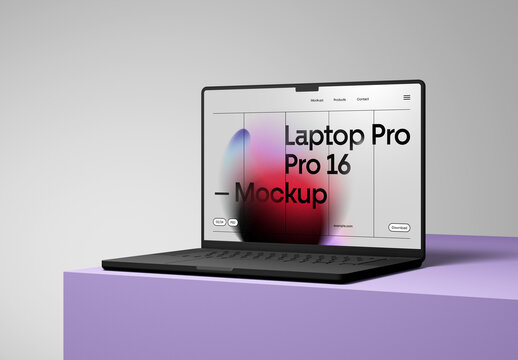 Single Laptop Standing on Cubic Mockup