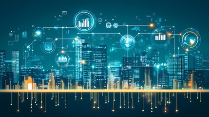 Futuristic Cityscape with Digital Interface and Data Visualization