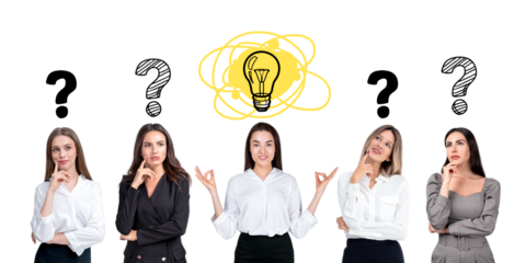 Five women thinking, with question marks and a yellow lightbulb icon above them on an isolated white background. Concept of ideas and brainstorming