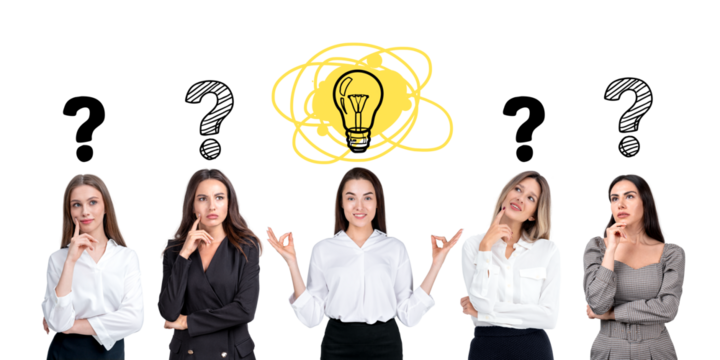 Five women thinking, with question marks and a yellow lightbulb icon above them on an isolated white background. Concept of ideas and brainstorming - Powered by Adobe