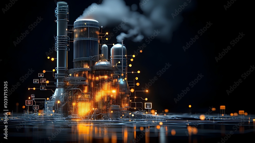 Poster futuristic industrial energy plant with glowing mesh cooling towers representing the distribution of