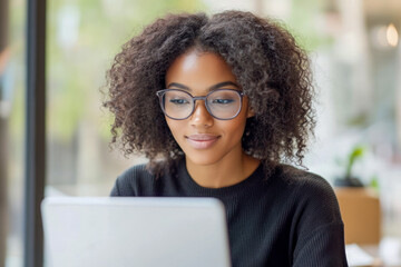 Focused woman working on a laptop with glasses