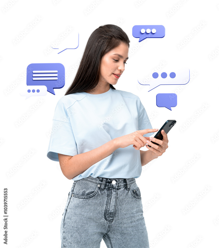 Wall mural a woman using a smartphone surrounded by speech bubbles. white background with transparent bubbles. 