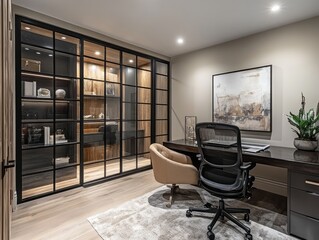 Home office basement with black-framed glass partitions, modern furniture, and a neutral color palette for a sleek, contemporary look