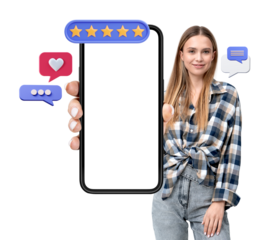 Woman holding smartphone with blank screen, surrounded by rating stars and chat icons. Isolated on white background, concept of feedback and review