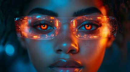 Closeup of a Person Wearing Futuristic Glasses with Orange Lights - Illustration