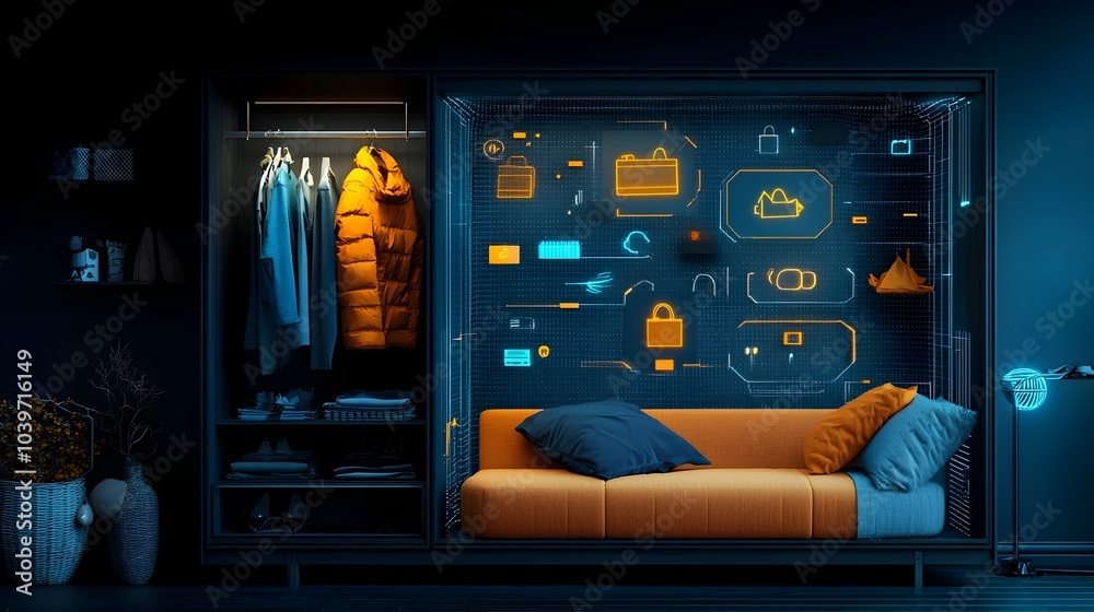 Poster futuristic wardrobe with glowing mesh patterns outlining neatly folded clothes in a sleek minimalist