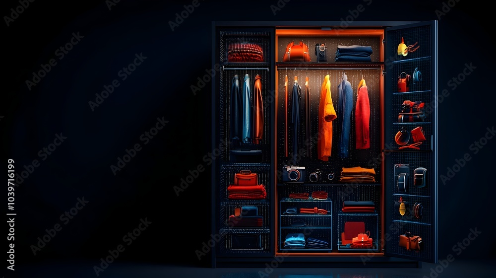 Poster futuristic wardrobe with glowing mesh patterns outlining the neatly folded clothes inside showcasing