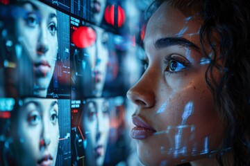 A young woman stands captivated, staring intently at a wall of digital screens that show numerous facial images and patterns in a dimly lit environment, highlighting her curiosity and engagement