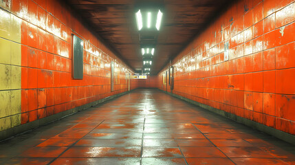 Fototapeta premium 3D Illustration of a Wet Tile Tunnel with Red Walls