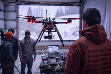 Technicians gather around a drone equipped with cameras and lights in a workshop, preparing for a flight test involving advanced technology