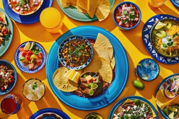 From above assorted traditional Mexican dishes and drinks placed on blue table near yellow wall