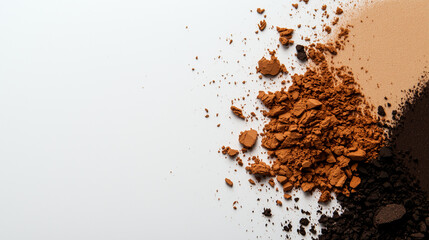 Soft beige, chocolate brown, and radiant gold eyeshadow pigments crushed and smeared on a smooth white surface, creating an abstract composition that highlights the richness of the