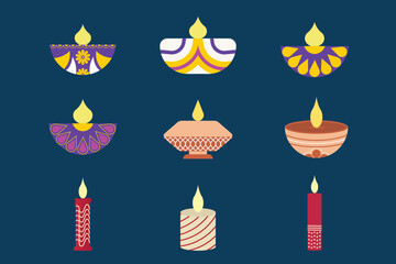 Diwali Celebration with Diya Lamps and Decorated Candles Vector Illustrations