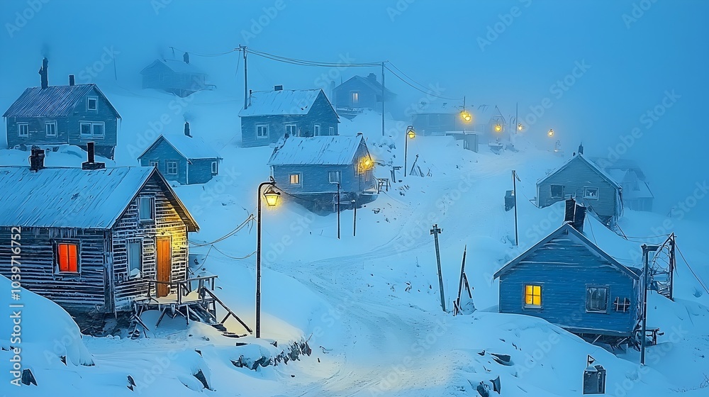 Aufkleber glimmering street lanterns casting a warm glow over a silent arctic village cloaked in a serene blan
