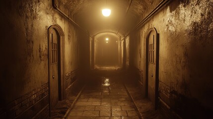  A dimly lit hallway featuring two doors and one light at each end