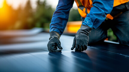 Obraz premium A workerâs gloved hand holding a flexible sheet of EPDM rubber roofing material, the smooth surface glistening under bright light, emphasizing its durability and modern design.