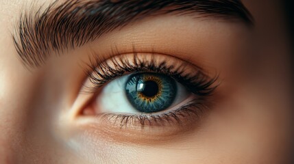 Obraz premium A tight shot of a blue eye encircled by a yellow and black iris center