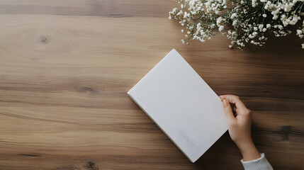Obraz premium person’s hand holding a white book on a wooden table, accompanied by delicate flowers, creating a serene and minimalistic scene. copy space, mockup