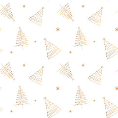Simple minimalistic pattern with gold christmas trees and snowflakes. Christmas seamless background
