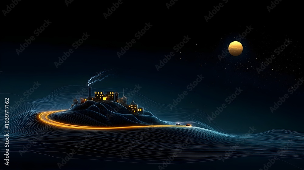Poster Glow mesh lines illustrating a coastal highway with sparkling waves and glowing headlights creating a mesmerizing digital landscape with a sense of motion technology and natural beauty