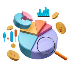 A colorful 3D rendering of financial elements like pie charts, coins, bar graphs, and a magnifying glass on a white background. Concept of analysis