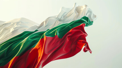 Flag of Bulgaria fluttering in the wind on a white background. White-green-red Bulgarian flag, close-up. Backdrop for design. Learning Bulgarian language. Immigration and tourism. Citizenship