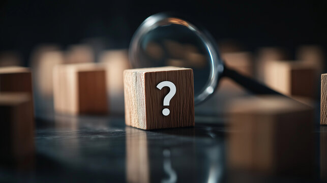 A magnifying glass hovering over a wooden cube with a question mark icon, surrounded by other blank cubes, visualizing the concept of identifying problems to find answers.