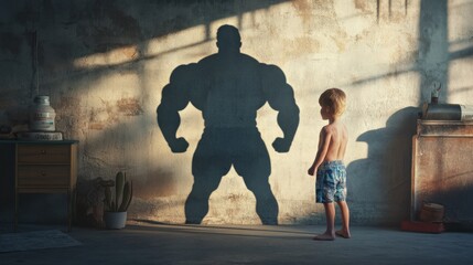 Little Boy Imagining Strongman Athlete Shadow on Wall, Childhood Dream of Growing up