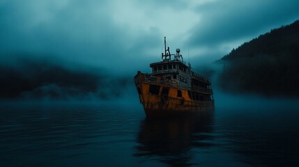 An old, rusty boat sits in a foggy lake, with forested hills in the background.